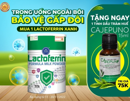 Khuyến mại: Mua 1 lactoferrin Xanh – Tặng 1 tinh dầu tràm huế Cajepuno