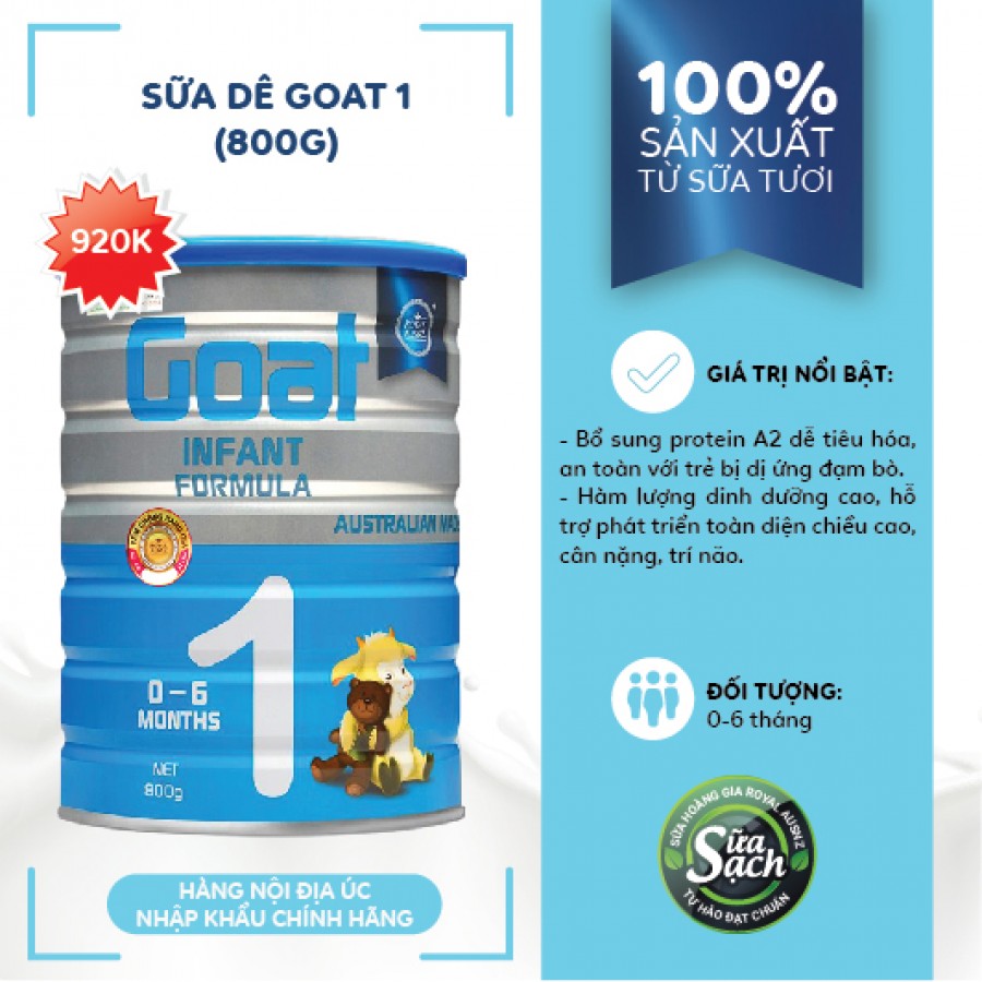 Sữa dê Hoàng Gia Úc Royal AUSNZ Goat Infant Formula 1 - Sữa công thức dành cho trẻ 0-6 tháng tuổi (800g)
