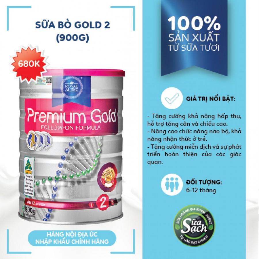 Sữa hoàng gia Úc Premium Gold 2 Follow-on Formula - Dành cho trẻ từ 6 - 12 tháng tuổi (900g)