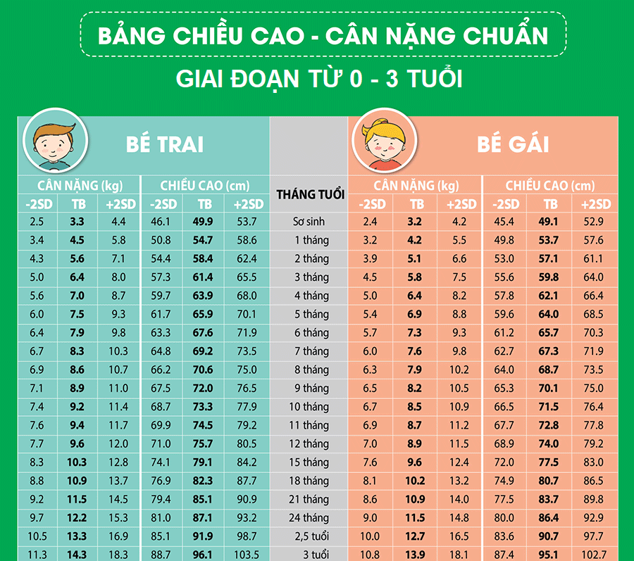 Bảng chiều cao cân nặng của trẻ từ 0 – 3 tuổi chuẩn WHO