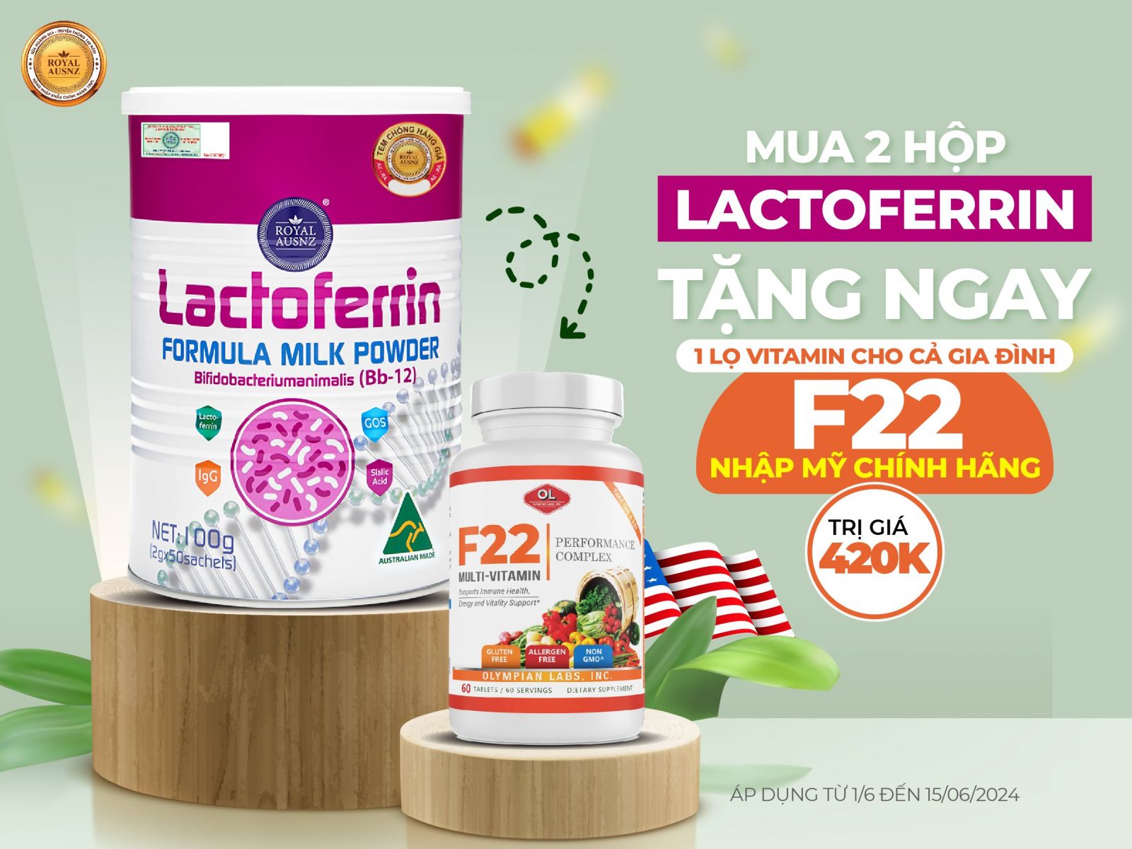 Mua 2 Lactoferrin Hồng - Tặng 1 Olympian Labs F22: Vitamin tổng hợp cho cả gia đình