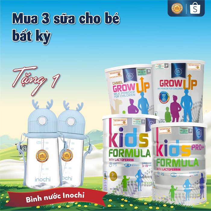 Tặng 01 Bình nước Inochi có sừng cho bé khi mua combo 3 lon sữa Kids Fomuala/GrowUp/Kid Pro/Camel Grow Up.