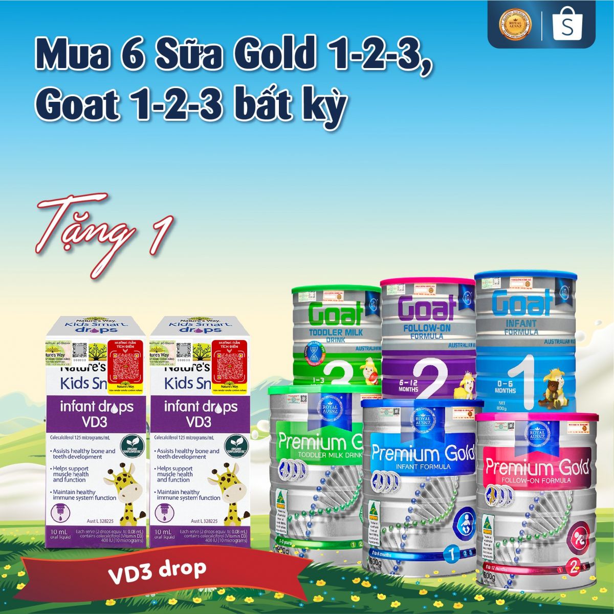 Tặng ngay 01 hộp Nature’s Way Kids Smart Infant Drops VD3 - Bổ Sung Vitamin D3 Cho Bé khi mua combo 6 lon sữa Gold, Goat 1/2/3.