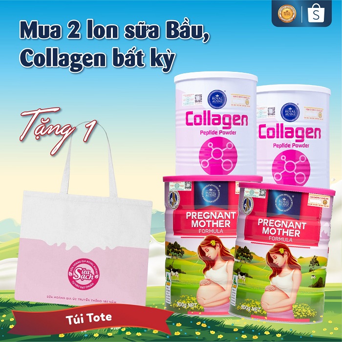 Tặng ngay 01 túi TOTE khi mua đơn 02 Sữa Hoàng Gia Úc dành cho bà bầu hoặc 1 lon Sữa Hoàng Gia Úc Collagen – Bổ sung collagen thủy phân cho cơ thể.