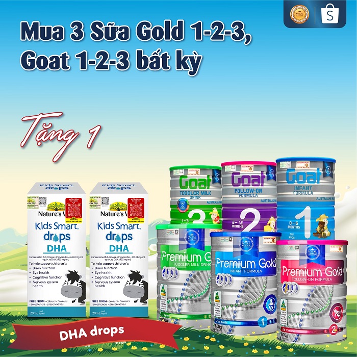 Tặng 01 lọ Nature's Way Kids Smart Drops DHA - Siro Bổ Sung DHA Dạng Nước khi mua combo 3 lon sữa Gold/Goat cho bé.