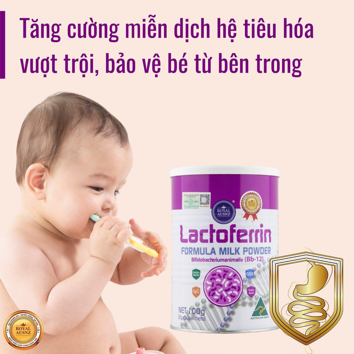 Sữa Hoàng Gia Lactoferrin hồng chứa bột sữa non trong thành phần cung cấp dinh dưỡng hoàn hảo cho bé tăng cân khỏe mạnh