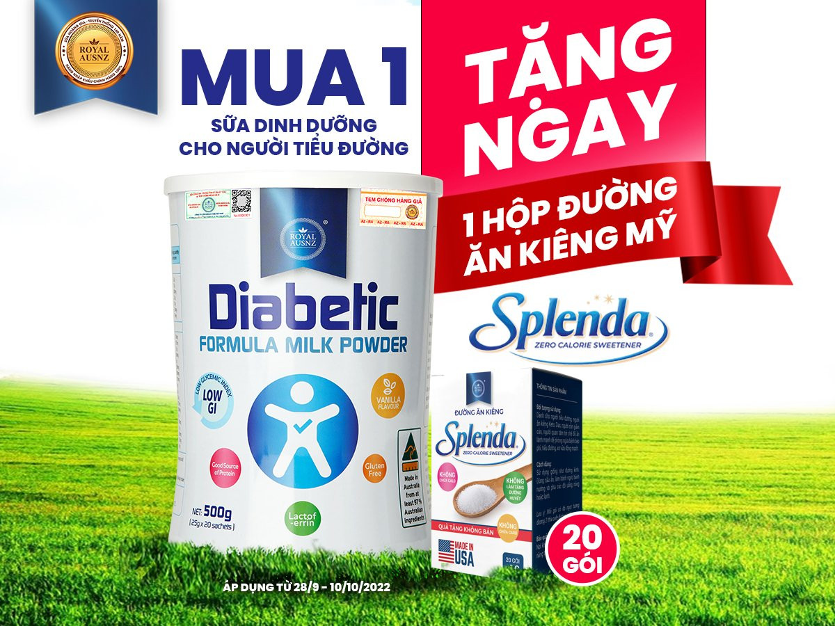 Khuyến mại: Mua 1 sữa dinh dưỡng cho người tiểu đường Diabetic – Tặng 1 hộp đường ăn kiêng Mỹ Splenda