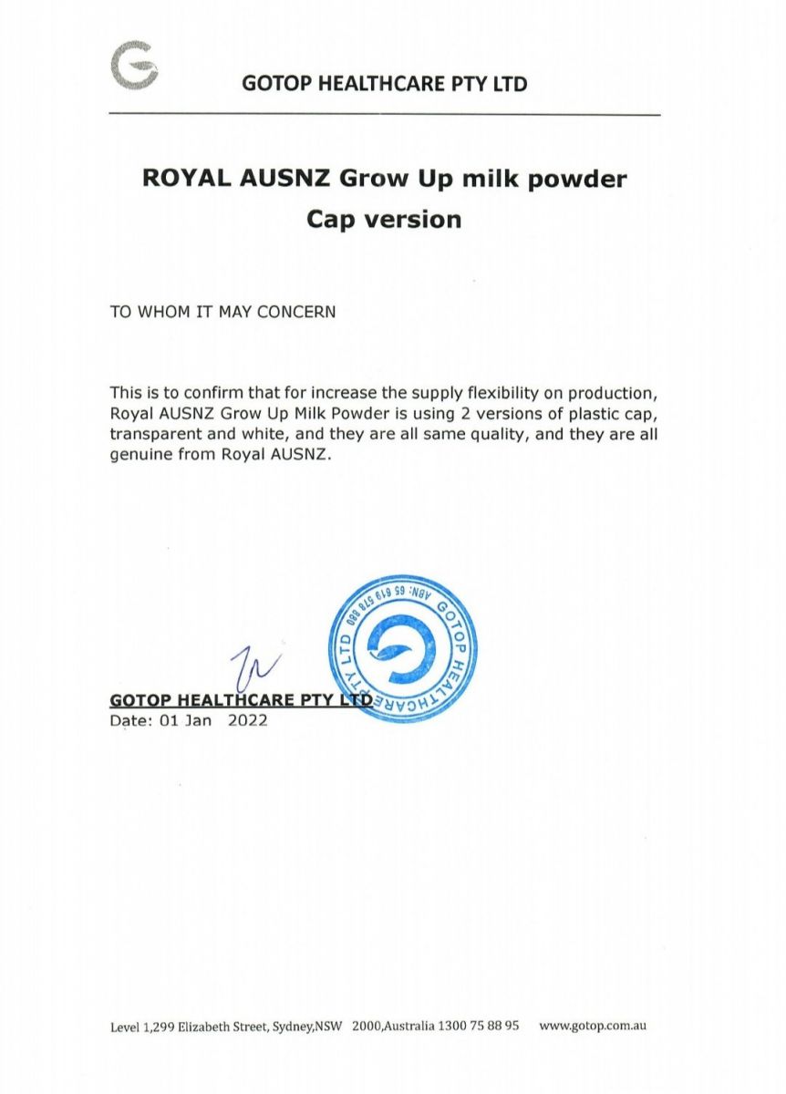 Thông báo: Sữa công thức Royal Ausnz Grow Up có 2 phiên bản nắp nhựa